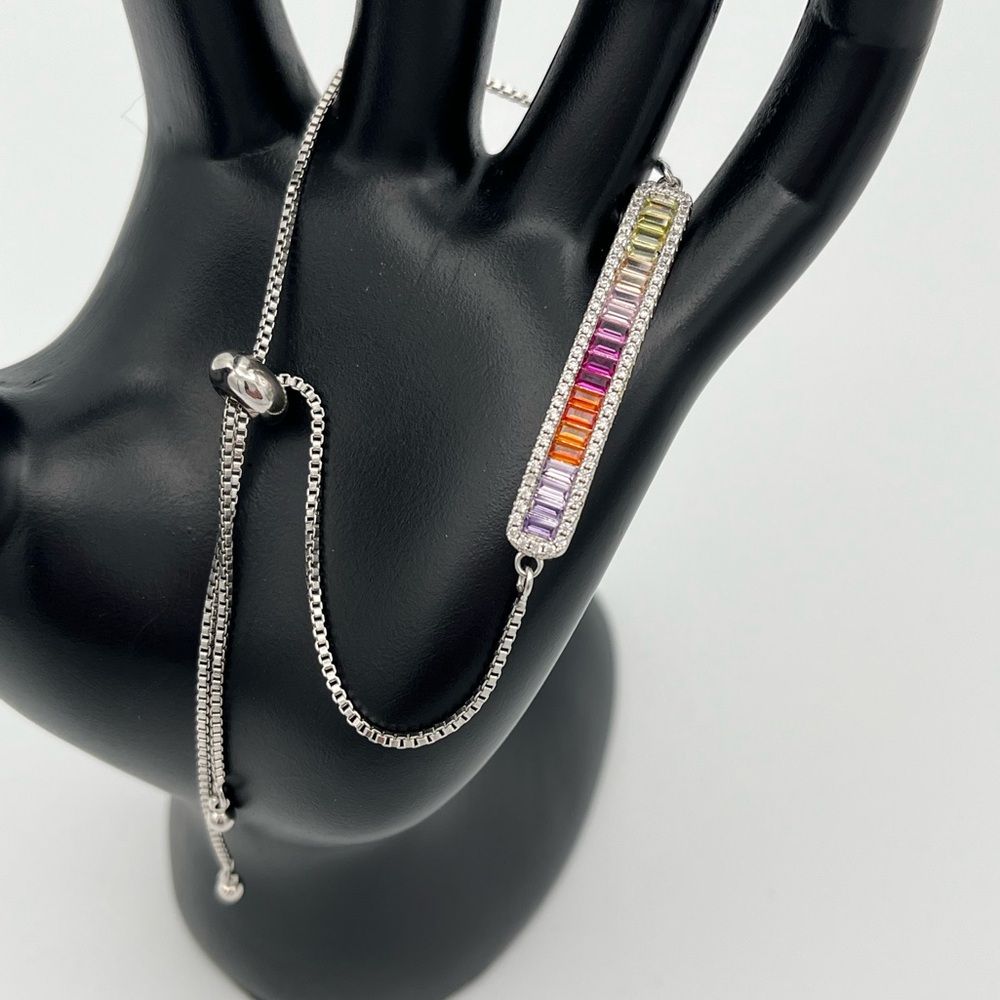 Rainbow Gradient Bar Bracelet – Adjustable Silver-Tone with Slider Clasp
